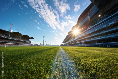 Sunlit Empty Racecourse at Flemington Racecourse with Modern Grandstand and Clear Sky