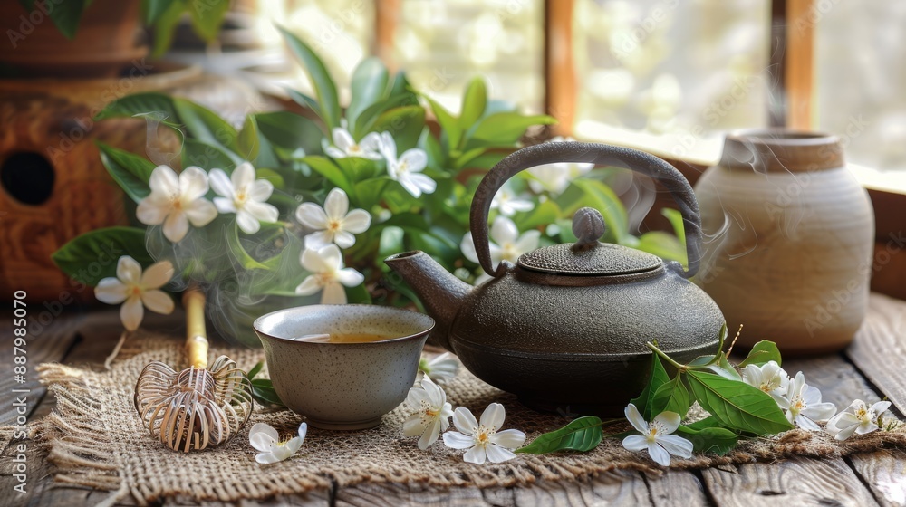 Tea Ceremony with Blooming Flowers. Tea Ceremony with Blooming Flowers.