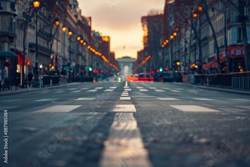 Sunrise Over Empty Street in French City with Pedestrian Crossing and Warm Light