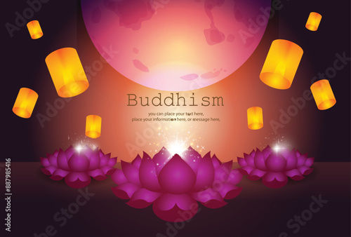 Shape of lotus flower and moon vesak Lantern vector illustration background - Magha Puja, Asanha Puja, Vesak Puja Day, Thailand culture