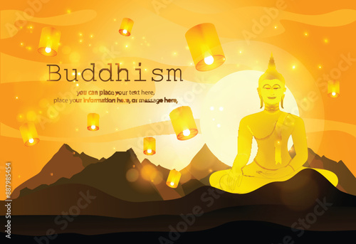 Buddha statue meditating. Fly Releasing lanterns in the golden yellow sky vector illustration background - Magha Puja, Asanha Puja, Vesak Puja Day, Thailand culture