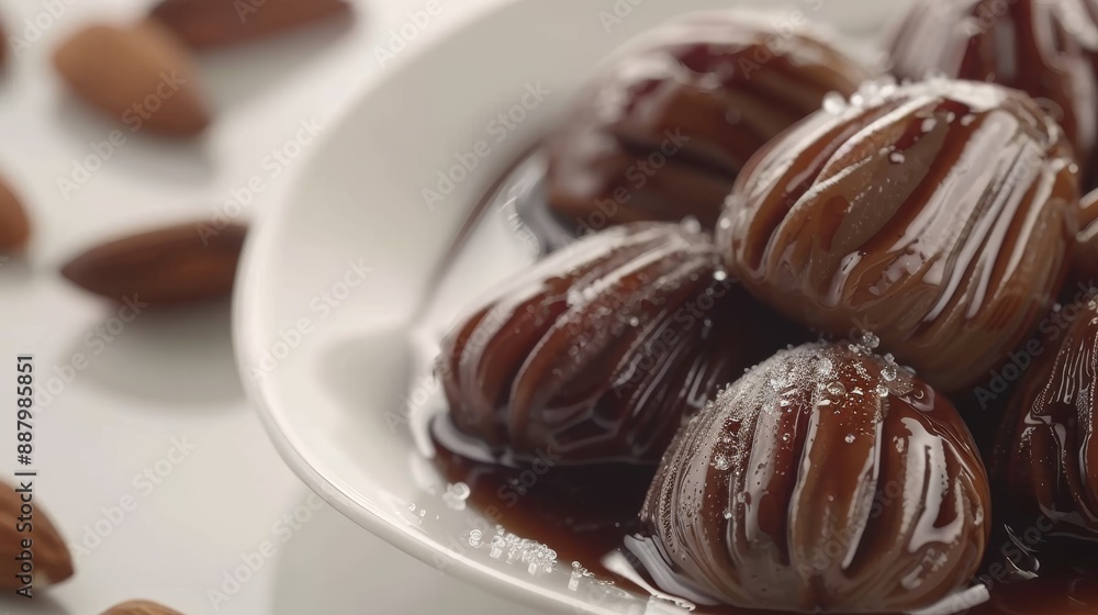 Close up of candied chestnut in syrup with sugar glaze on white background, sweet treat, banner Close up of candied chestnut in syrup with sugar glaze on white background, sweet treat, banner