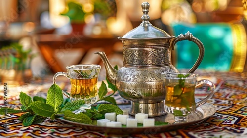 Traditional Moroccan Mint Tea with Sugar Cubes and a Silver Teapot.