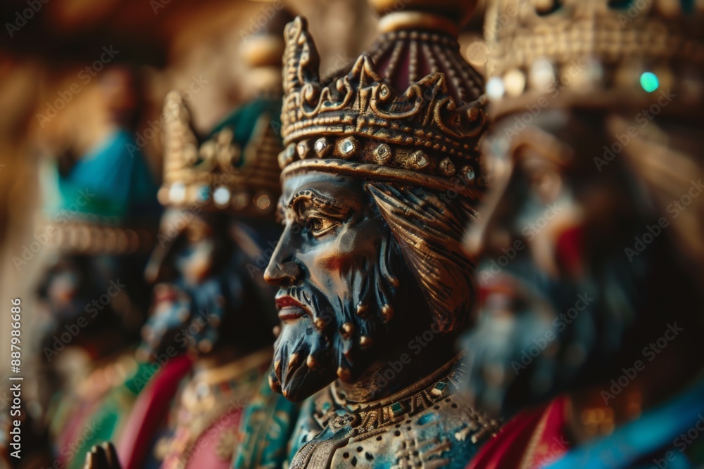 Medium Close-Up of Handcrafted Three Wise Men Ceramic Statues with Intricate Details Medium Close-Up of Handcrafted Three Wise Men Ceramic Statues with Intricate Details