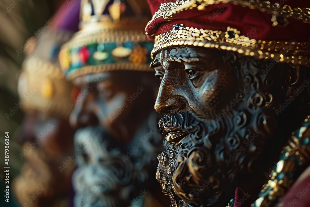 Medium Close-Up of Handcrafted Three Wise Men Ceramic Statues with Intricate Details Medium Close-Up of Handcrafted Three Wise Men Ceramic Statues with Intricate Details