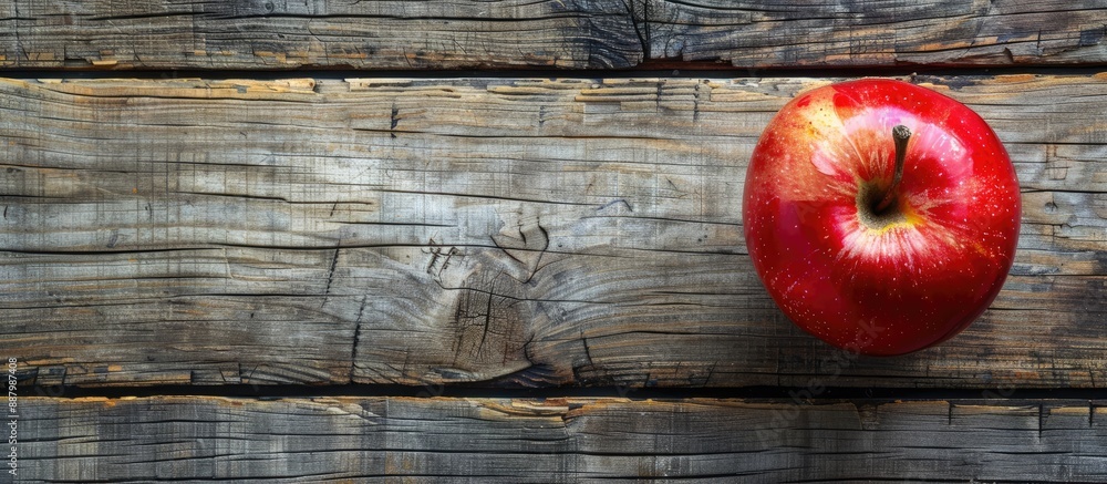Apple displayed on rustic wooden surface with ample copy space image Apple displayed on rustic wooden surface with ample copy space image