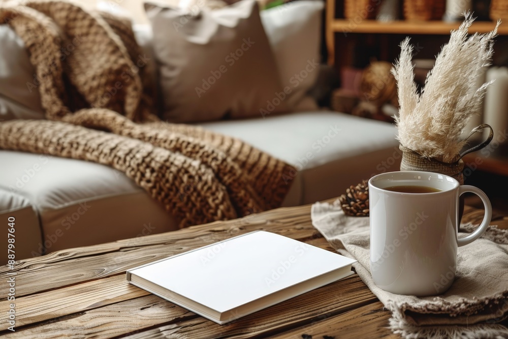 Blank magazine cover on a coffee table with a cozy living room setting Blank magazine cover on a coffee table with a cozy living room setting