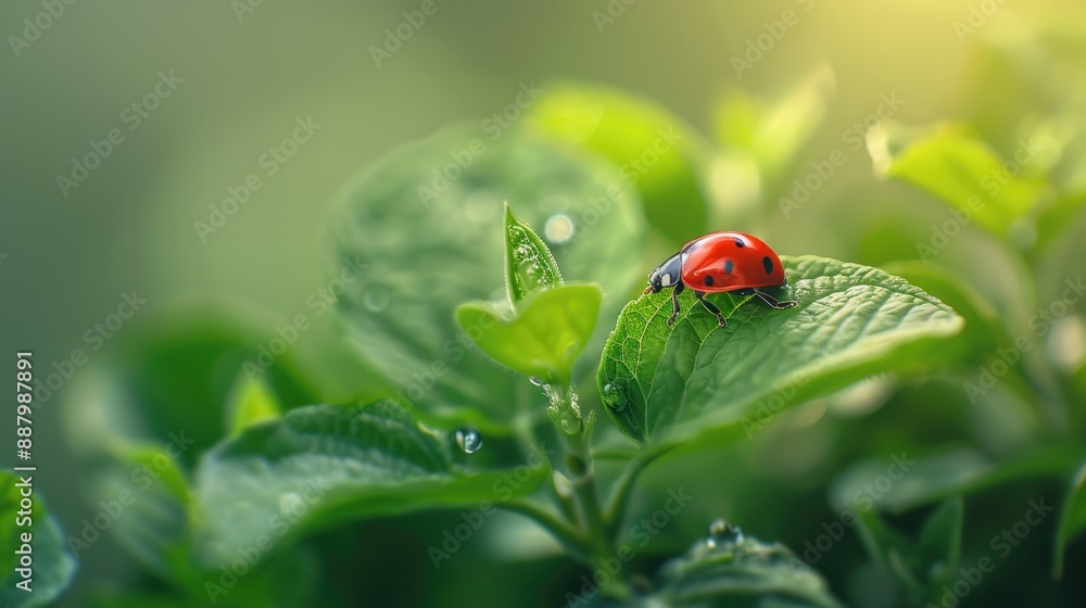 Obraz premium Ladybug perched on a green leaf in nature, showcasing the delicate balance of wildlife and macro photography.