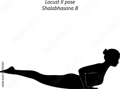 Silhouette of young woman practicing Shalabhasana B yoga pose. Locust II pose. Intermediate Difficulty. Isolated vector illustration