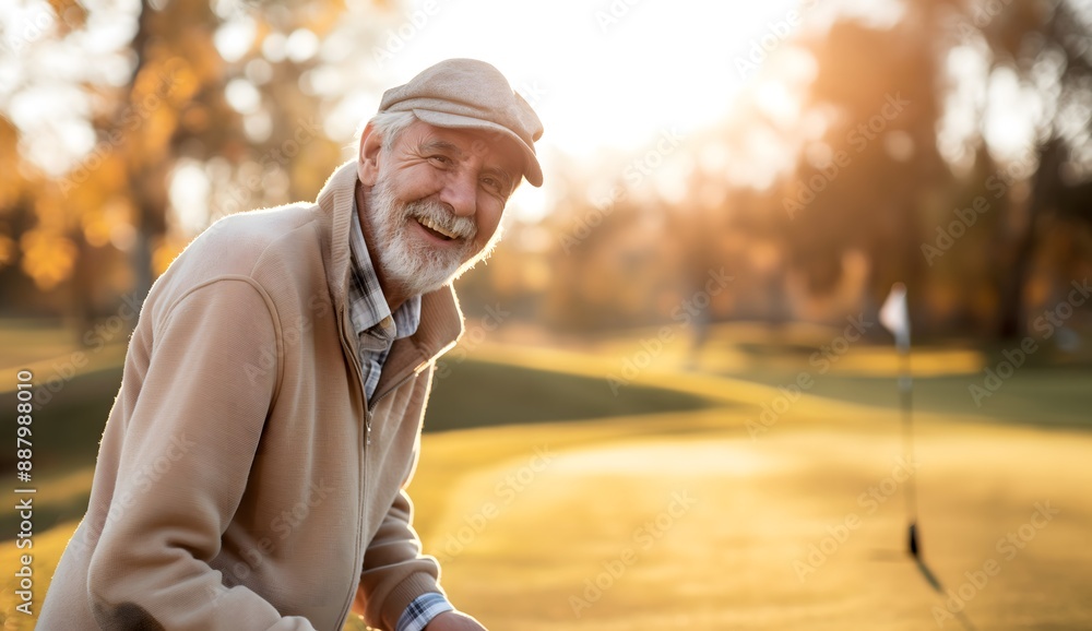 Smiling senior man playing golf on the green, the sun shining Smiling senior man playing golf on the green, the sun shining