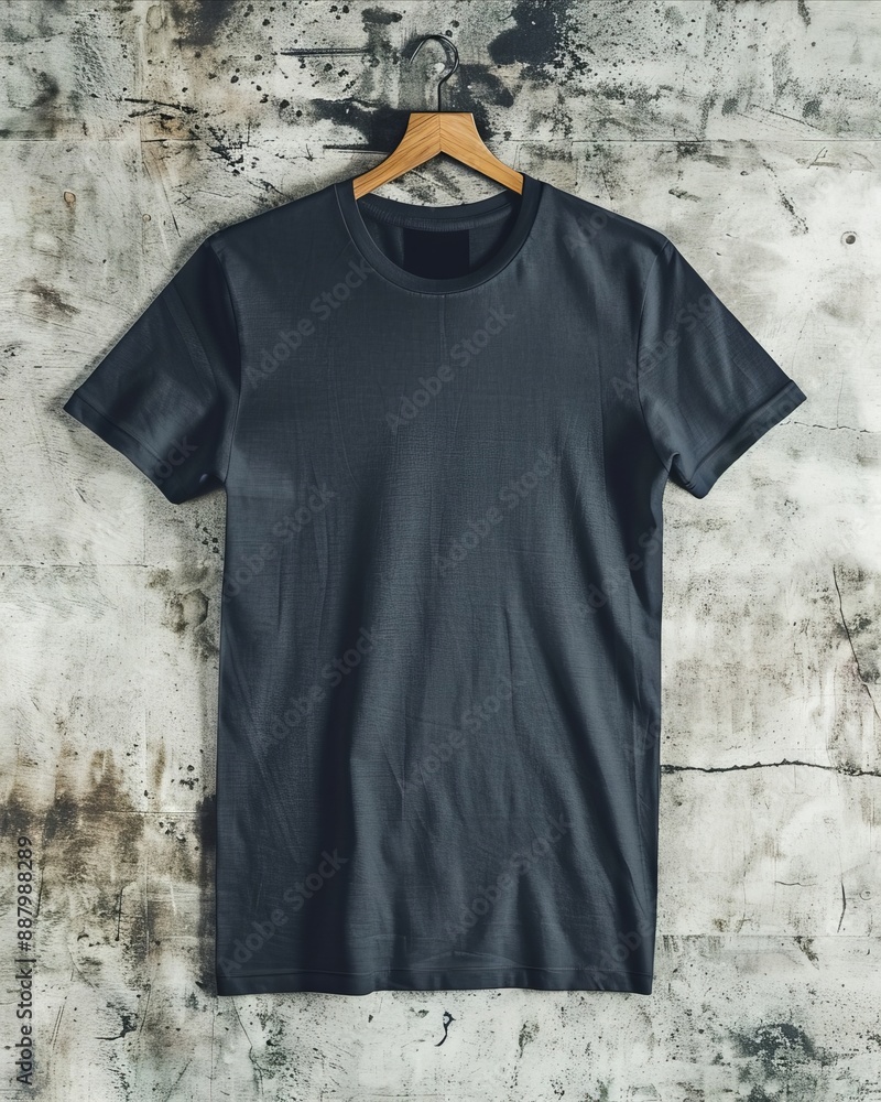 A black t - shirt hanging on a wall. A black t - shirt hanging on a wall.
