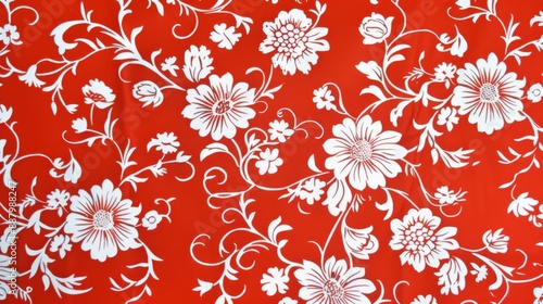 White Floral Pattern on Red Background.