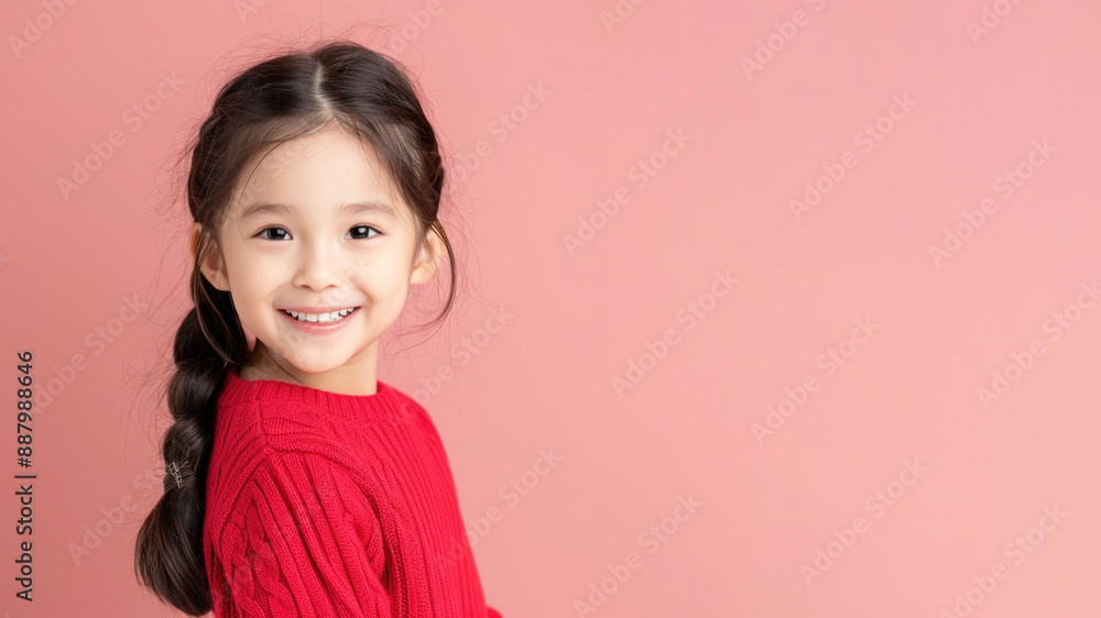 Korean girl in red sweater smile to copy space for text for advertising