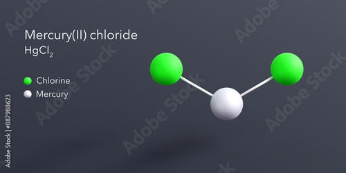 mercury(ii) chloride molecule 3d rendering, flat molecular structure with chemical formula and atoms color coding photo