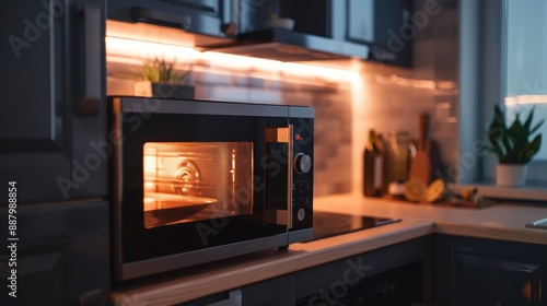 Microwave oven in modern luxury kitchen, electrical technology equipment.