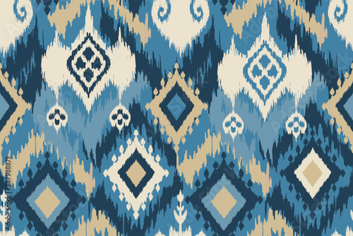 Ikat seamless pattern, geometric design, motif ethnic handmade, Ikat ethnic tribal, boho colors seamless wallpaper. Ethnic Ikat abstract background art.Illustration for greeting cards, printing