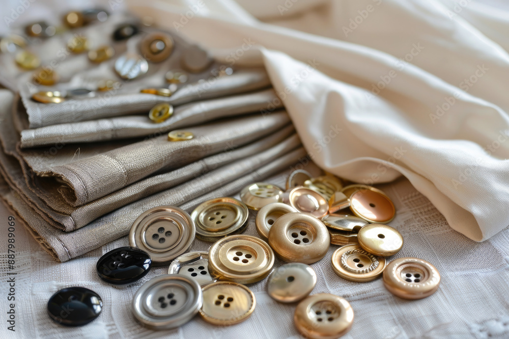 Metallic buttons next to white fabric pile Metallic buttons next to white fabric pile