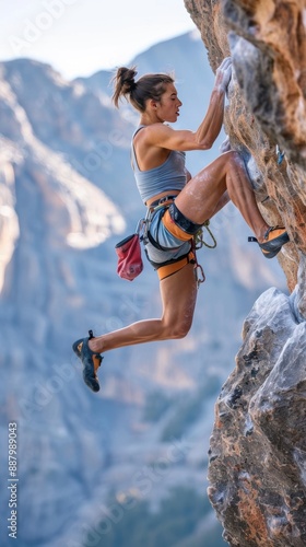 A female rock climber shows determination and focus as she navigates a challenging cliff in climbing gear, set against a dramatic mountain landscape.