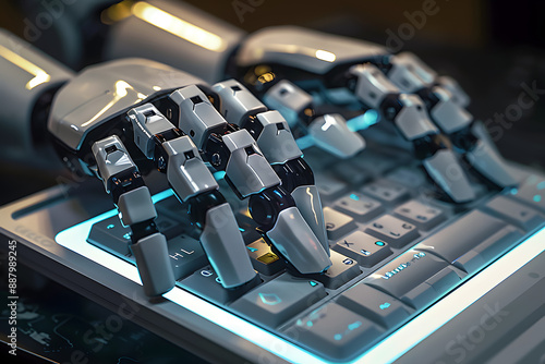 Artificial intelligence android robot hands writing text on compurter keypad. photo