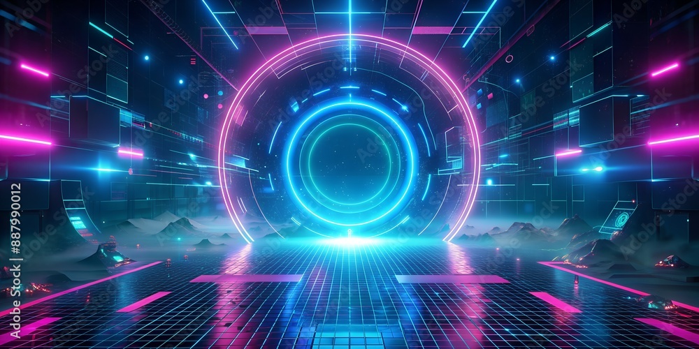 A neon colored room with a large glowing circle in the center A neon colored room with a large glowing circle in the center