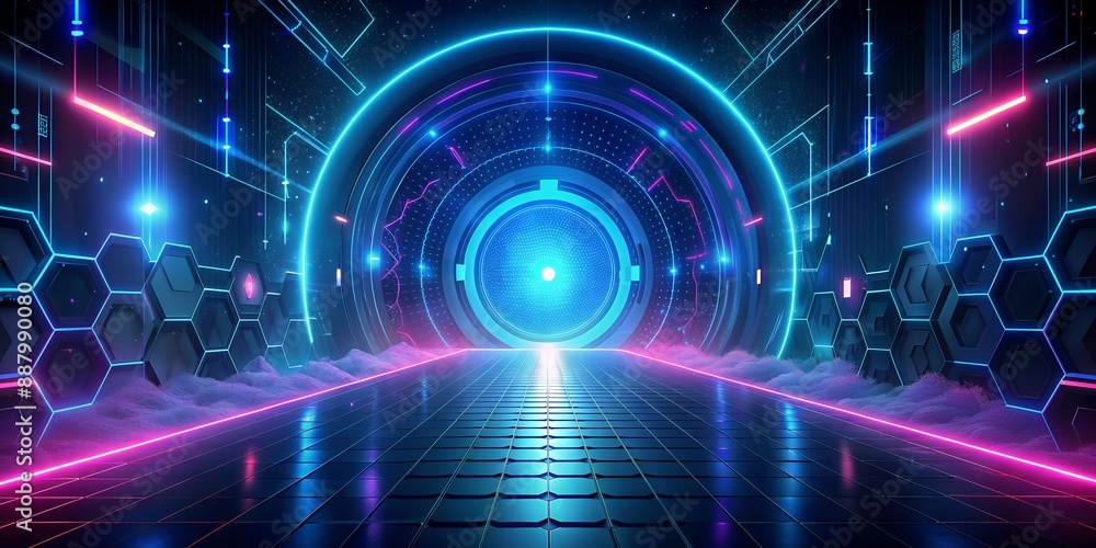 A neon blue room with a large circular opening A neon blue room with a large circular opening