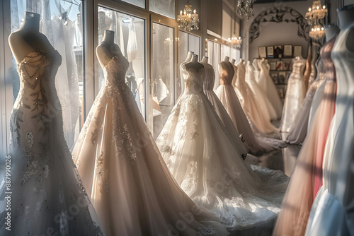 Various elegant wedding dresses in shop. © Daniel