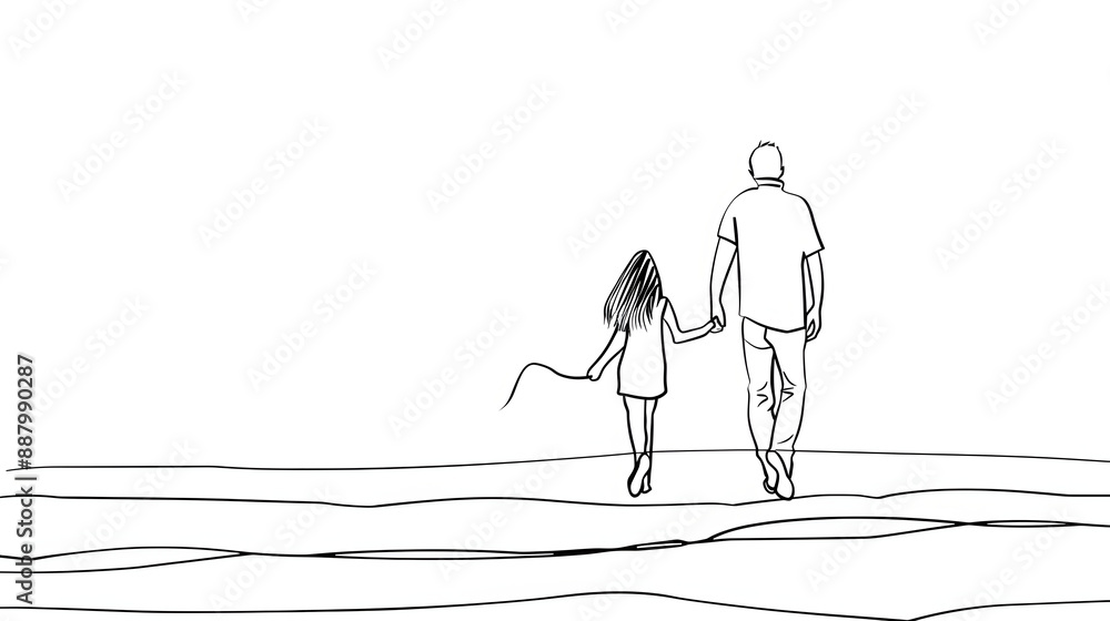 Father and Daughter Walking Black Line Drawing on Plain Backdrop. Father and Daughter Walking Black Line Drawing on Plain Backdrop.