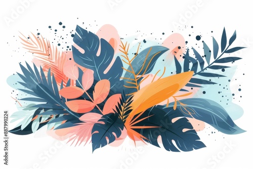 Artistic botanical illustration with colorful leaves and flowers, symbolizing natural beauty and creativity, set against a white background.