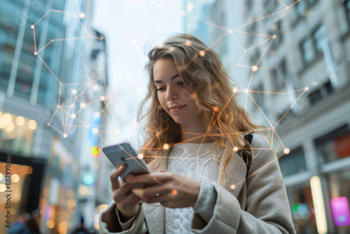 Wallpaper Mural A woman looking at a smartphone on a city street and a network environment connected by digital signals, Generative AI Torontodigital.ca