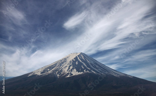 Mount Fuji in the sky background with dark clouds and strong winds like it is about to rain.