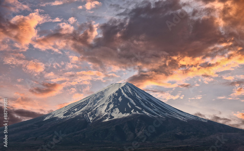 Mount Fuji in the evening sky near the time of sunset.