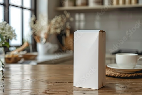 Blank milk carton on a kitchen table with a morning breakfast setting photo