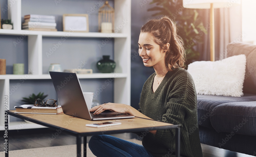 Education, table and girl with laptop on floor for studying, assignment or literature essay in living room. Online, college student and woman with computer for typing, knowledge or learning in home Education, table and girl with laptop on floor for studying, assignment or literature essay in living room. Online, college student and woman with computer for typing, knowledge or learning in home