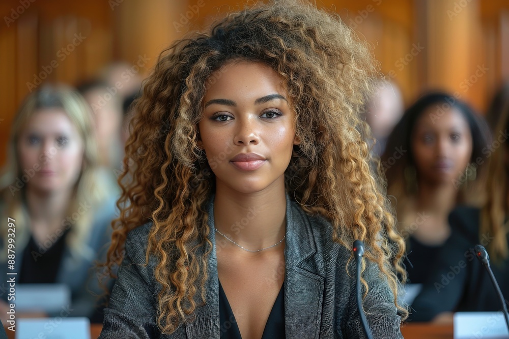 A confident young woman with voluminous curly hair attentively listens during a professional meeting. Her piercing look reflects focus and engagement. A confident young woman with voluminous curly hair attentively listens during a professional meeting. Her piercing look reflects focus and engagement.