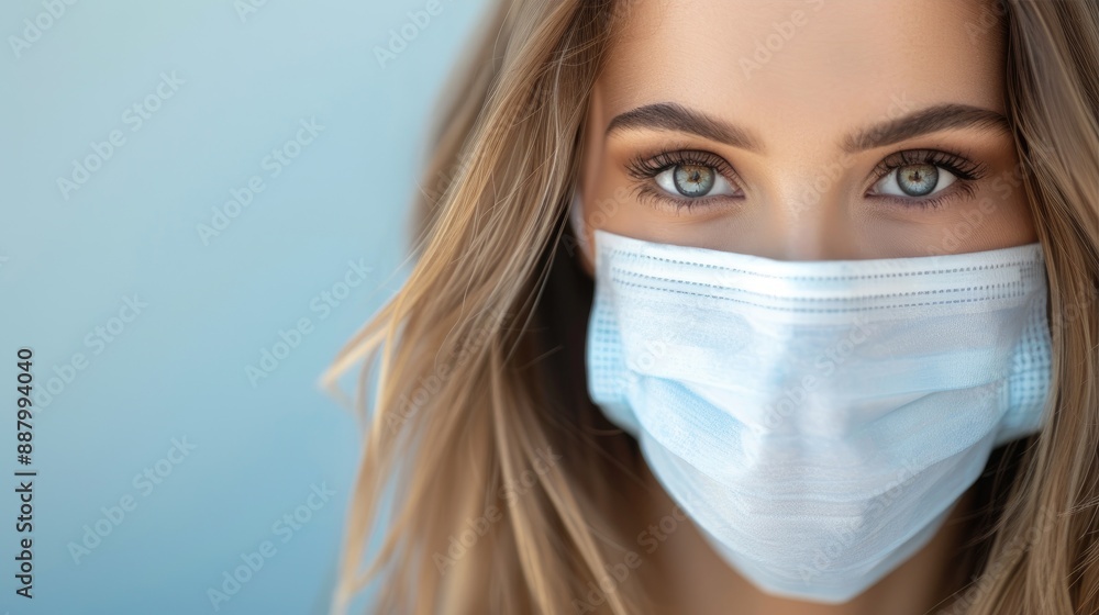 Young Woman Wearing Blue Face Mask in Serene Setting Young Woman Wearing Blue Face Mask in Serene Setting