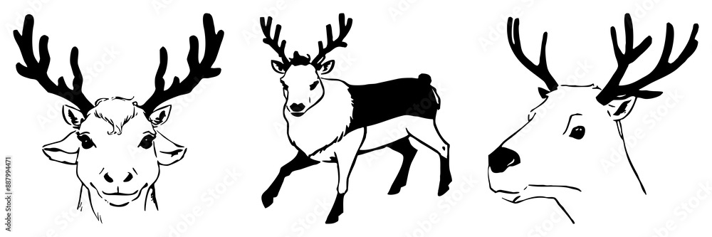 Fototapeta premium Black reindeer on a white background. Animals line art. Logo design, for use in graphics, pattern for t-shirts. Generated by Ai