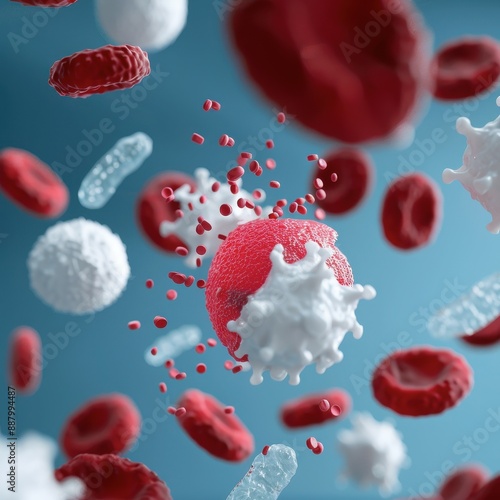 Artistic depiction of white blood cells attacking pathogens, Human body system cells, Immune response