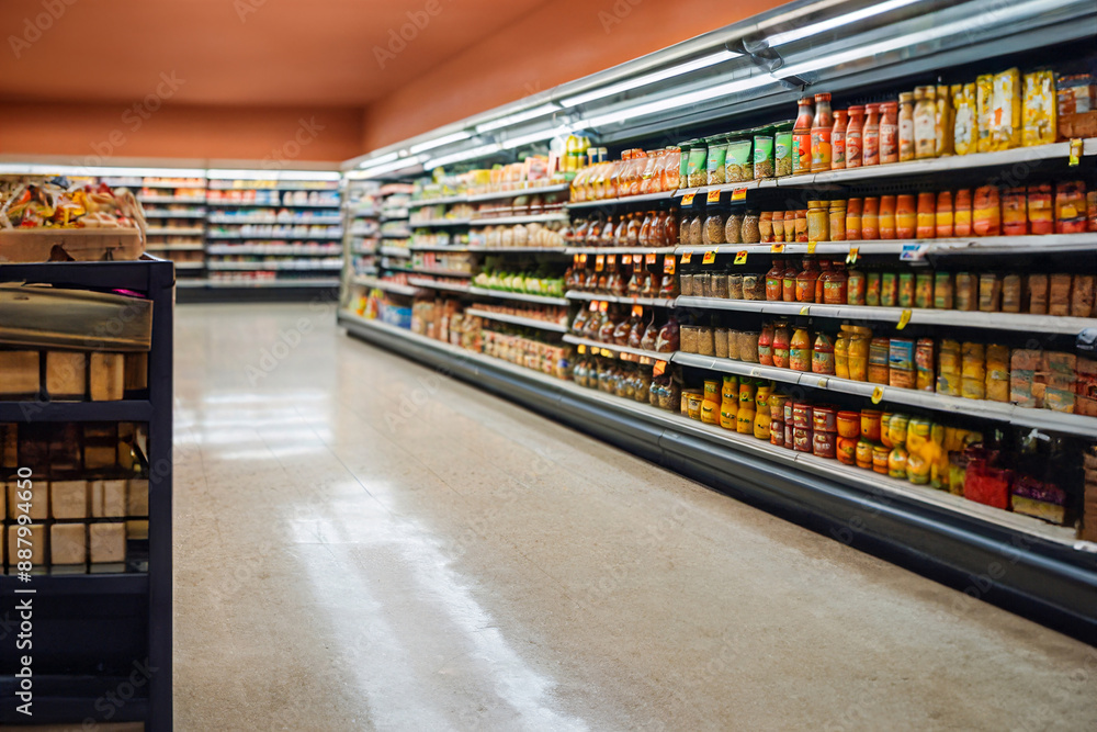 supermarket store aisle and interrior shelves blurred background with no people in view. supermarket store aisle and interrior shelves blurred background with no people in view.