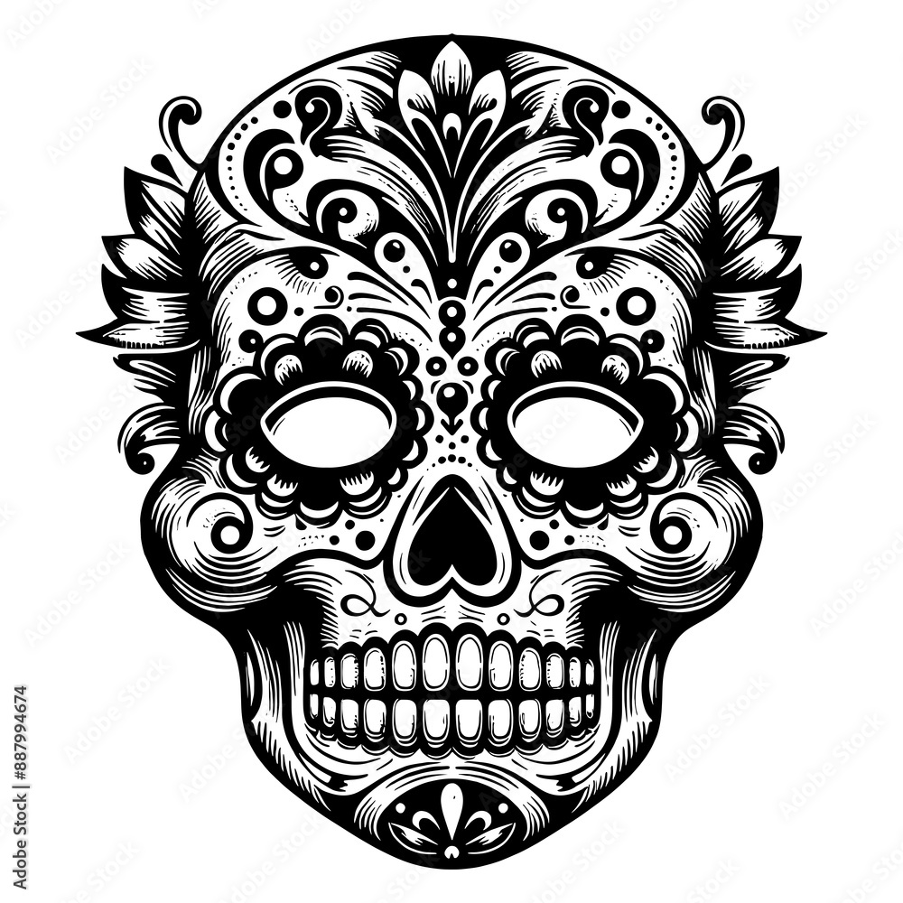 Fototapeta premium Mexican mask day of dead sketch engraving generative ai fictional character PNG illustration. Scratch board imitation. Black and white image.