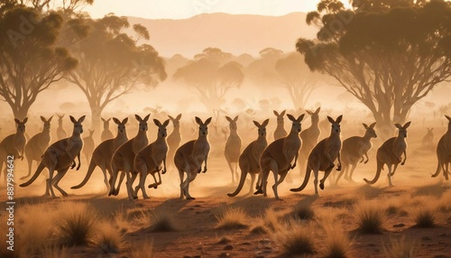 silhouette of A mob of kangaroos hopping through the outback
 photo