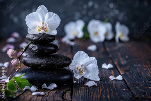 zen basalt stones and orchid on the wood photo