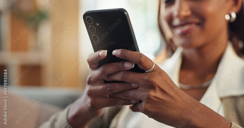 Woman, hands and smile in home with smartphone on social media or online dating for networking fun. Female person, living room and internet or mobile app for entertainment, communication and flirting Woman, hands and smile in home with smartphone on social media or online dating for networking fun. Female person, living room and internet or mobile app for entertainment, communication and flirting