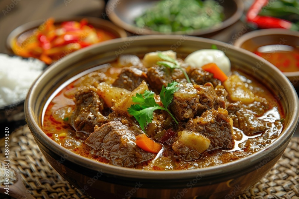 Traditional Padang beef curry served for Eid celebrations with rice. Traditional Padang beef curry served for Eid celebrations with rice.