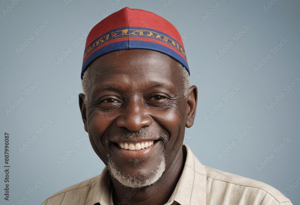 Portrait view of a regular happy smiling Gambia old man, ultra realistic, candid, social media, avatar image, plain solid background Portrait view of a regular happy smiling Gambia old man, ultra realistic, candid, social media, avatar image, plain solid background