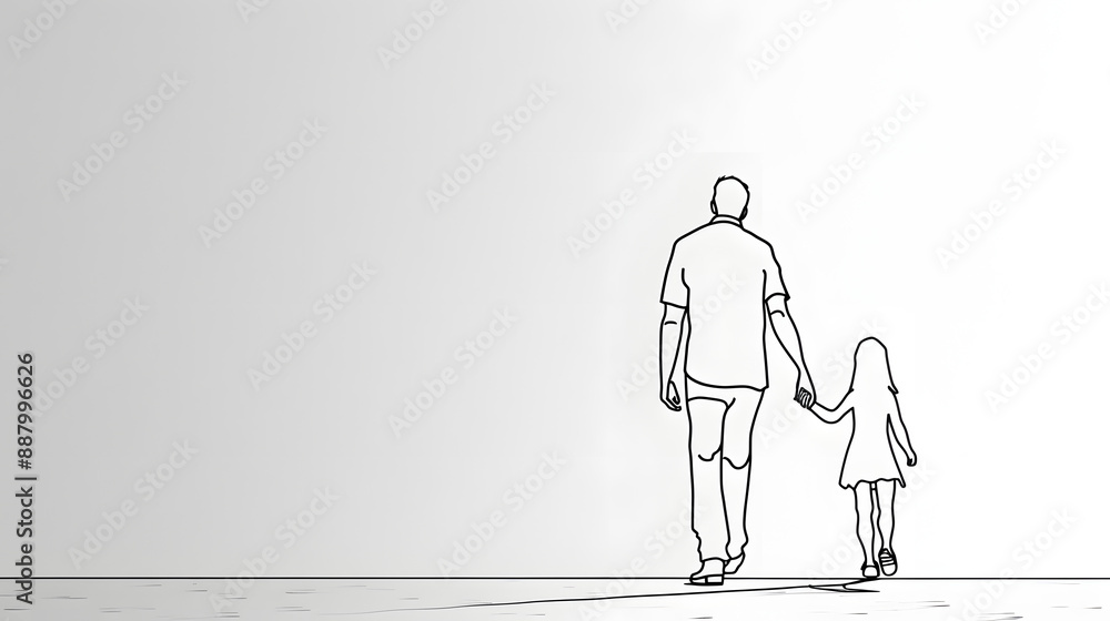 Father and Daughter Walking: Black Line Drawing on Plain Backdrop.
Father and Daughter Walking: Black Line Drawing on Plain Backdrop.