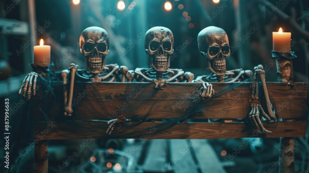 Three skeletons are sitting on a wooden board with candles in front of them Three skeletons are sitting on a wooden board with candles in front of them