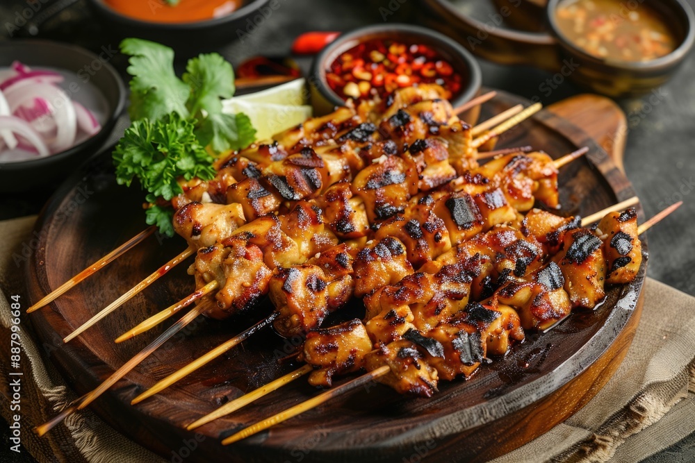 Overhead view delicious chicken satay on wooden dining table one of famous Malaysian local dishes. Overhead view delicious chicken satay on wooden dining table one of famous Malaysian local dishes.