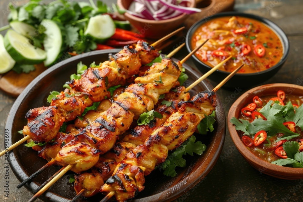 Overhead view delicious chicken satay on wooden dining table one of famous Malaysian local dishes. Overhead view delicious chicken satay on wooden dining table one of famous Malaysian local dishes.