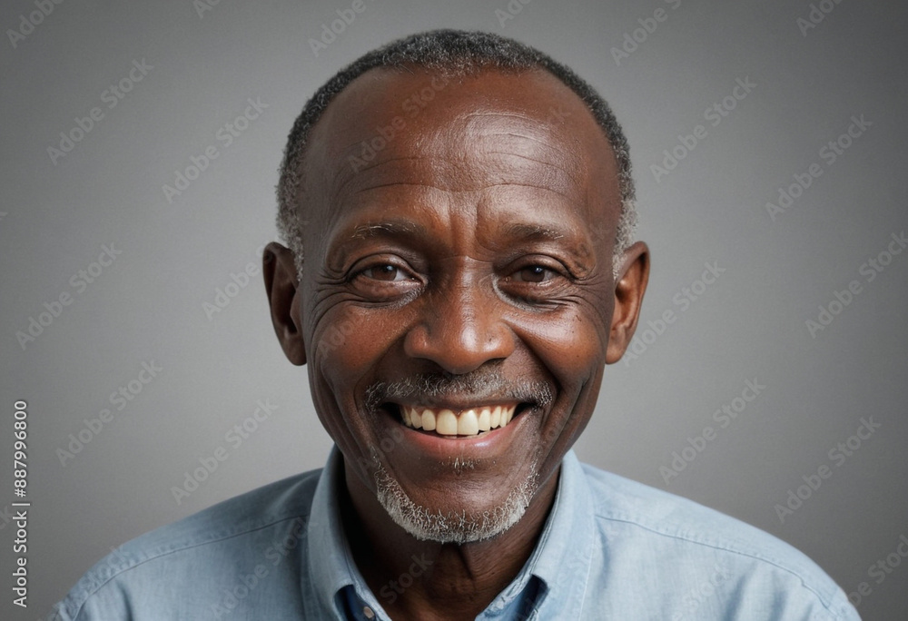 Obraz premium Portrait view of a regular happy smiling Rwanda old man, ultra realistic, candid, social media, avatar image, plain solid background
