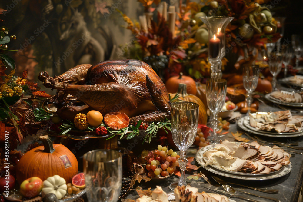 Thanksgiving table set with turkey, fruits and delicious food, Generative AI Thanksgiving table set with turkey, fruits and delicious food, Generative AI